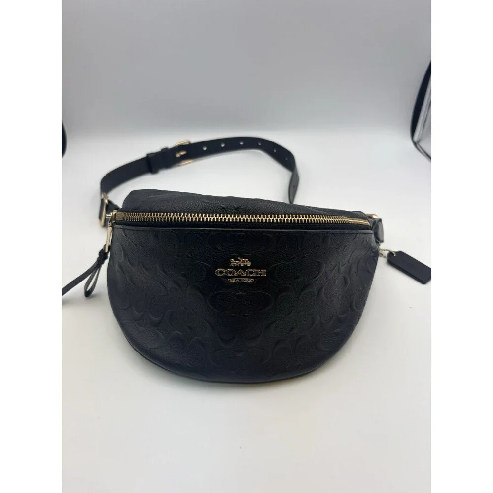 COACH Signature Leather Waist Bag Unisex Black Crossbody Belt Bag Rare Authenti
